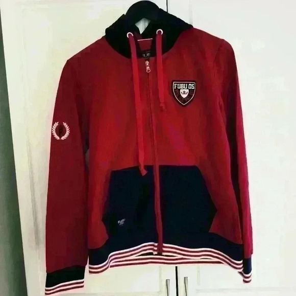FUBU International Womens Zip Up Hoodie Jacket Red Black Colorblock - Picture 3 of 8
